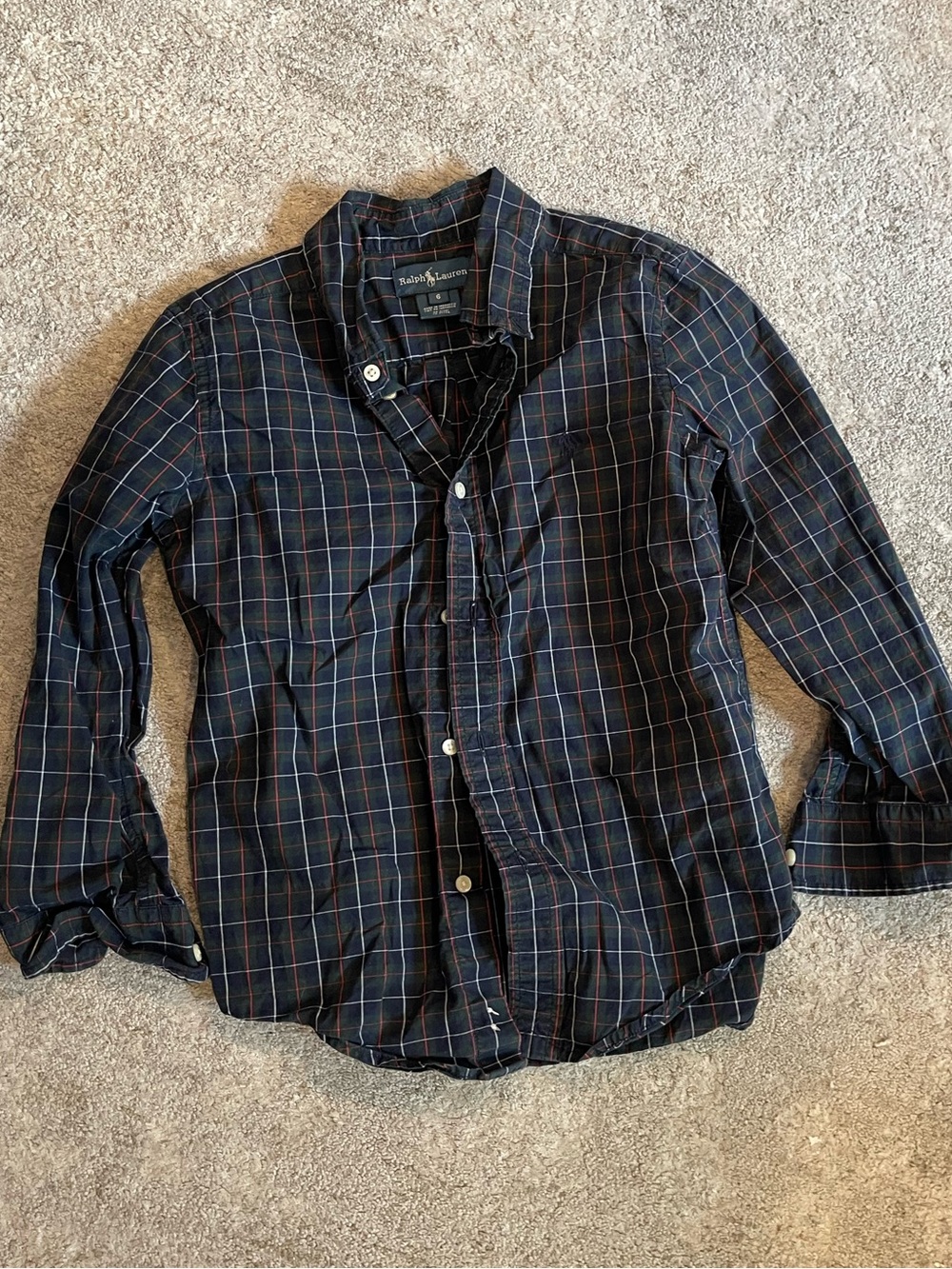 Ralph Lauren Navy Plaid Button-Down Shirt with Red and Cream Stripes